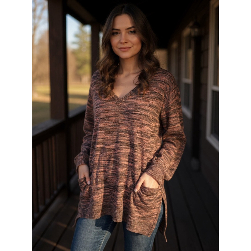 Women's LOGO by Lori Goldstein Brown Pink V-Neck Sweater L